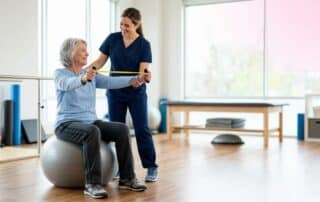 A healthcare professional explains personalized longevity medicine insights to an attentive, smiling patient.